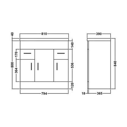 [BFORW800M] Balterley 800mm 3 Door 2 Drawer Gloss White Floor Standing Cabinet With Basin - Technical Drawing