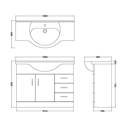 [BFORY1050] Hamstall Contemporary Floor Standing Vanity Unit with Round Ceramic Basin – Gloss White, Choice of Doors, Drawers & Sizes - Technical Drawing