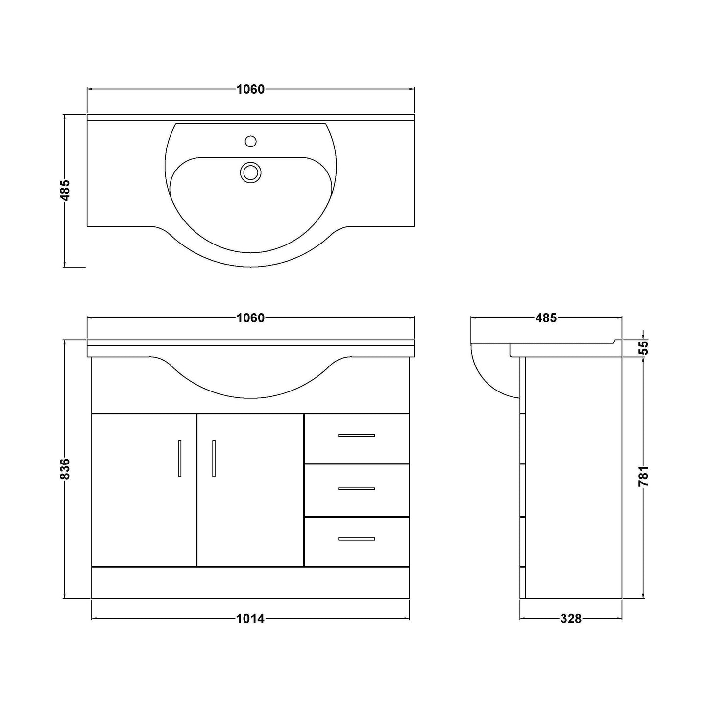 [BFORY1050] Hamstall Contemporary Floor Standing Vanity Unit with Round Ceramic Basin – Gloss White, Choice of Doors, Drawers & Sizes - Technical Drawing