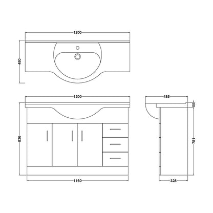 [BFORY1200] Hamstall Contemporary Floor Standing Vanity Unit with Round Ceramic Basin – Gloss White, Choice of Doors, Drawers & Sizes - Technical Drawing