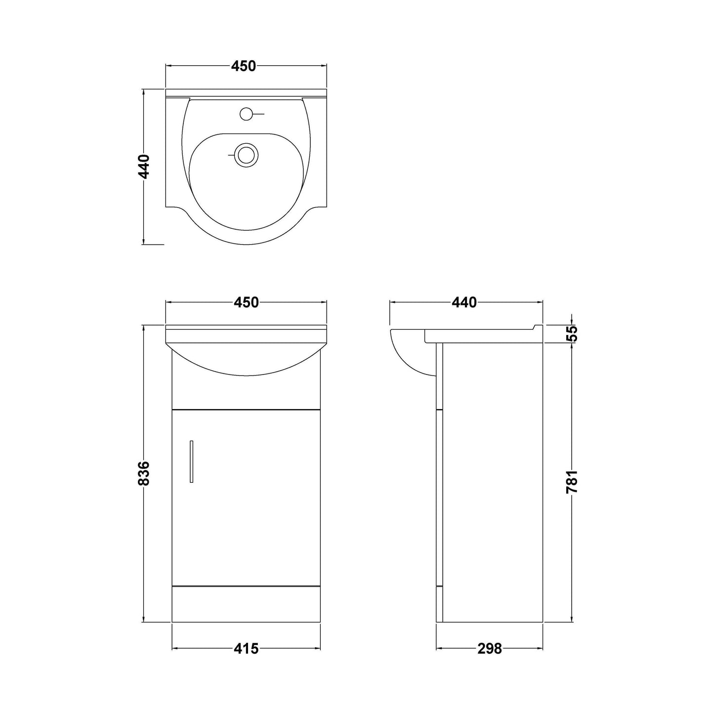 [BFORY450SB] Hamstall Dark Grey Floor Standing Vanity Unit with Basin - Soft Close Doors, Choice of Size & Basin Style - Technical Drawing