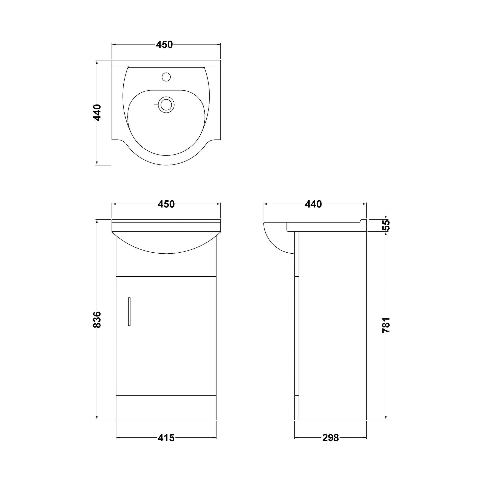 [BFORY450] Hamstall Contemporary Floor Standing Vanity Unit with Round Ceramic Basin – Gloss White, Choice of Doors, Drawers & Sizes - Technical Drawing