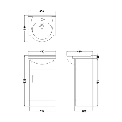 [BFORY450] Hamstall Contemporary Floor Standing Vanity Unit with Round Ceramic Basin – Gloss White, Choice of Doors, Drawers & Sizes - Technical Drawing
