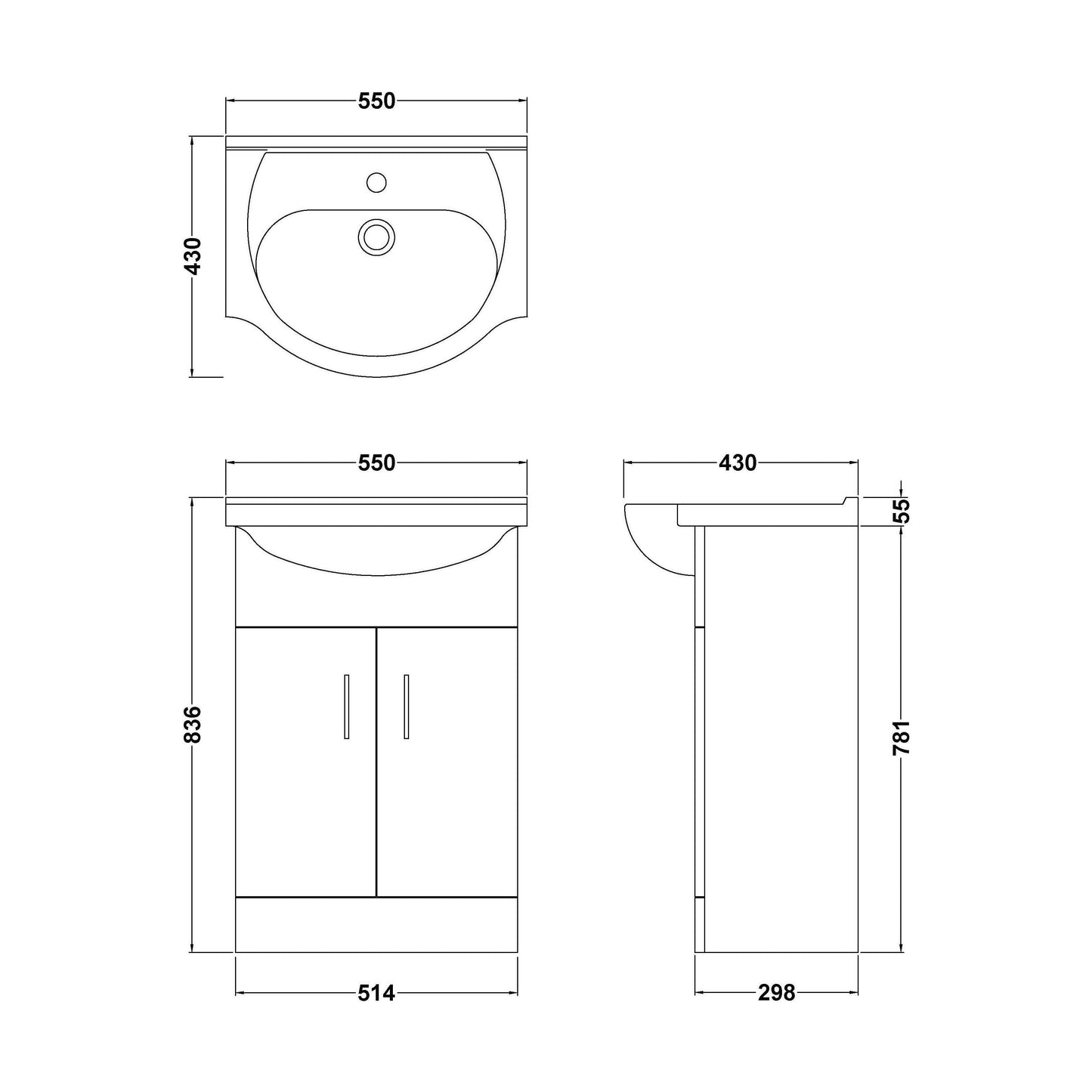 [BFORY550SB] Hamstall Dark Grey Floor Standing Vanity Unit with Basin - Soft Close Doors, Choice of Size & Basin Style - Technical Drawing