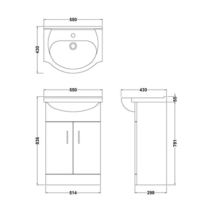 [BFORY550] Hamstall Contemporary Floor Standing Vanity Unit with Round Ceramic Basin – Gloss White, Choice of Doors, Drawers & Sizes - Technical Drawing