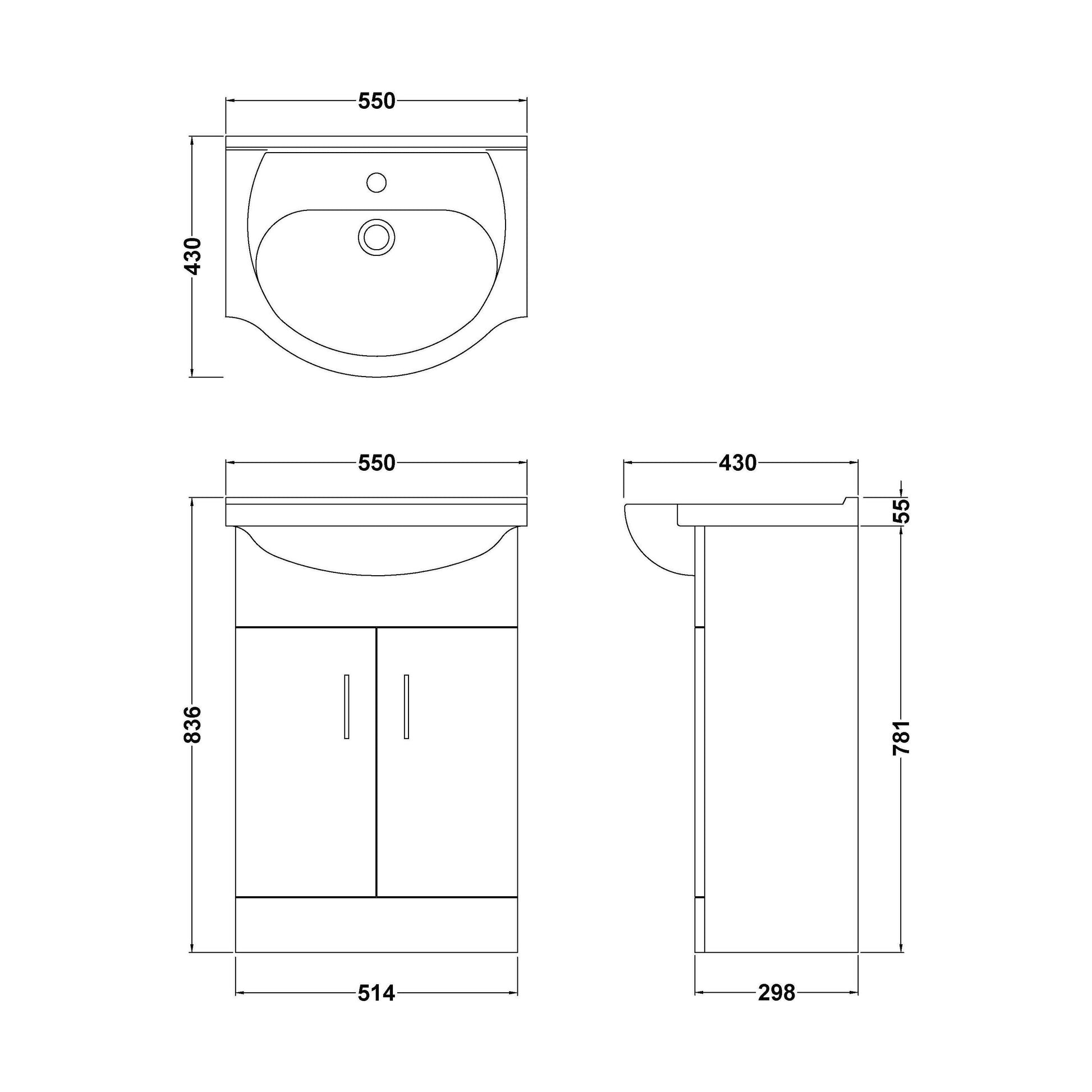 [BFORY550] Hamstall Contemporary Floor Standing Vanity Unit with Round Ceramic Basin – Gloss White, Choice of Doors, Drawers & Sizes - Technical Drawing