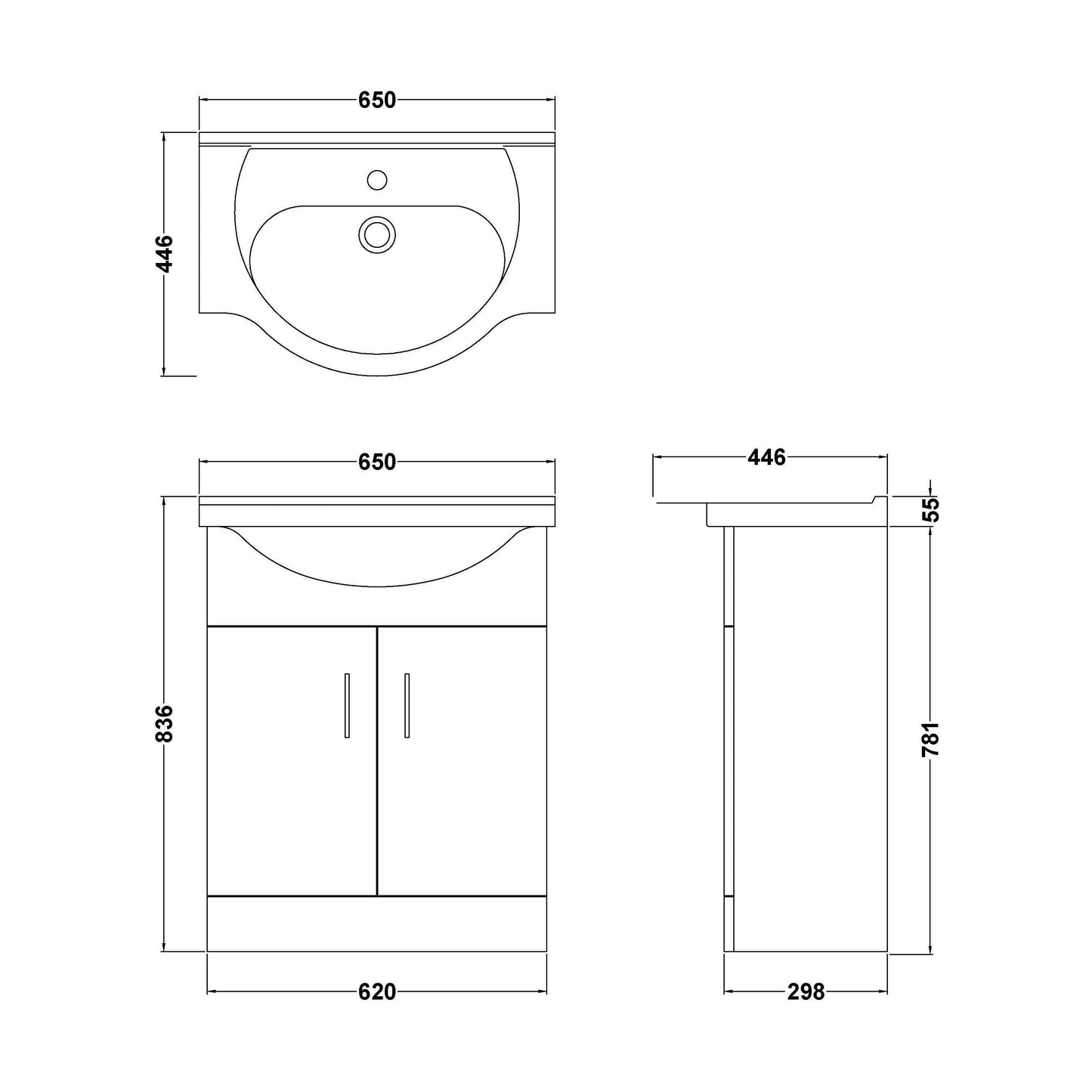 [BFORY650SB] Hamstall Dark Grey Floor Standing Vanity Unit with Basin - Soft Close Doors, Choice of Size & Basin Style - Technical Drawing