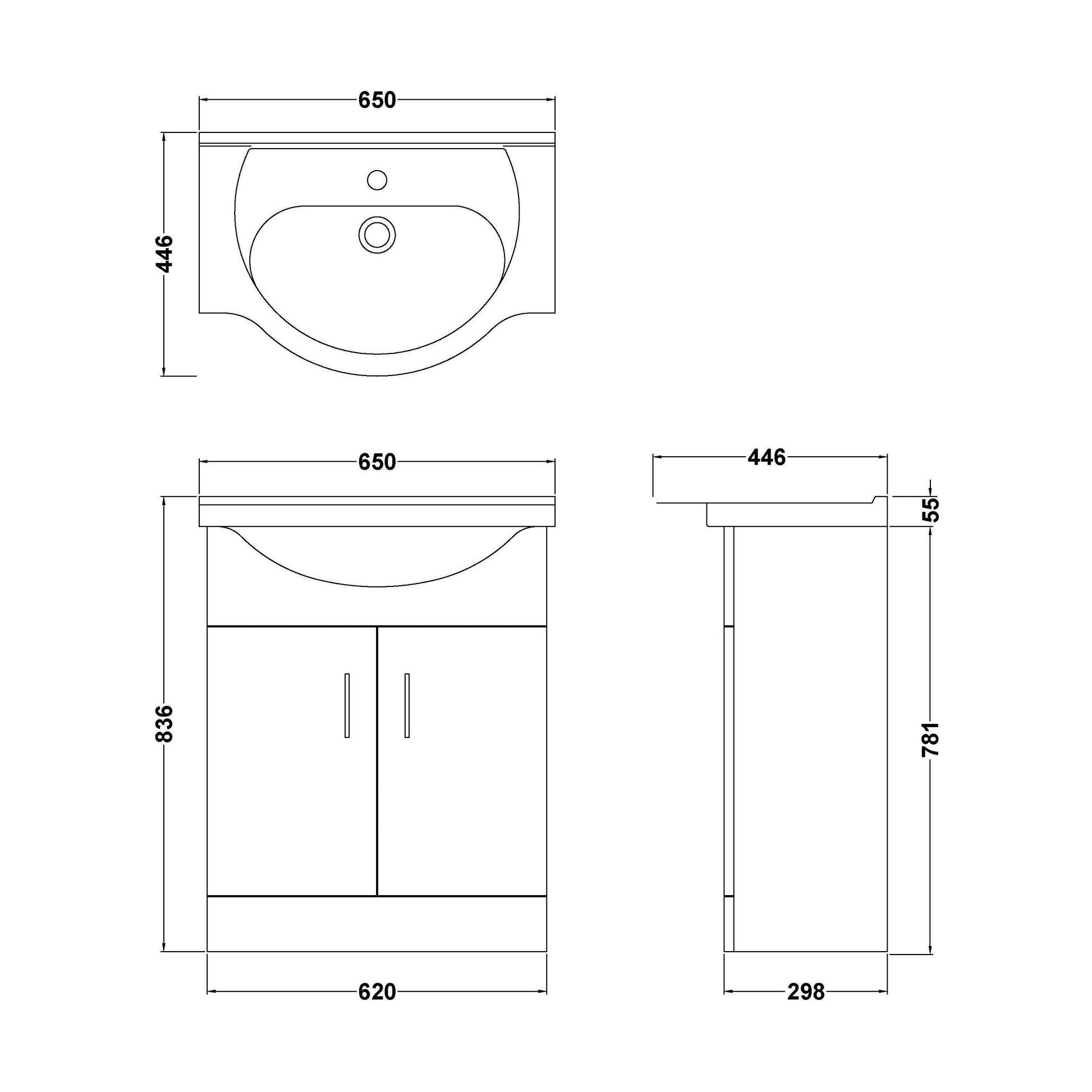 [BFORY650SB] Hamstall Dark Grey Floor Standing Vanity Unit with Basin - Soft Close Doors, Choice of Size & Basin Style - Technical Drawing