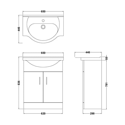 [BFORY650] Hamstall Contemporary Floor Standing Vanity Unit with Round Ceramic Basin – Gloss White, Choice of Doors, Drawers & Sizes - Technical Drawing