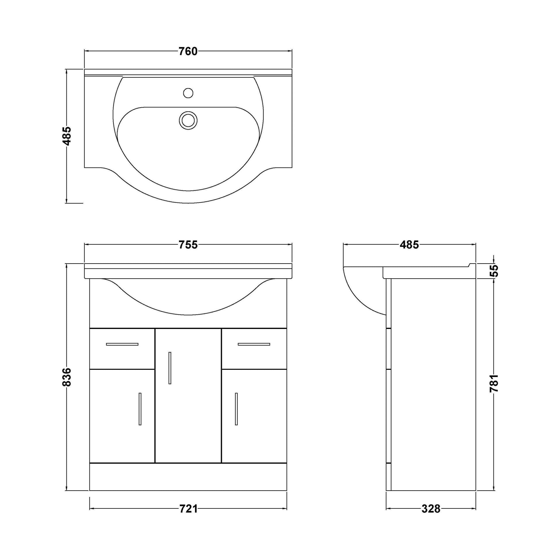 [BFORY750] Hamstall Contemporary Floor Standing Vanity Unit with Round Ceramic Basin – Gloss White, Choice of Doors, Drawers & Sizes - Technical Drawing