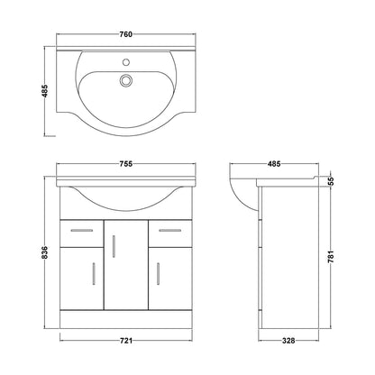[BFORY750] Hamstall Contemporary Floor Standing Vanity Unit with Round Ceramic Basin – Gloss White, Choice of Doors, Drawers & Sizes - Technical Drawing