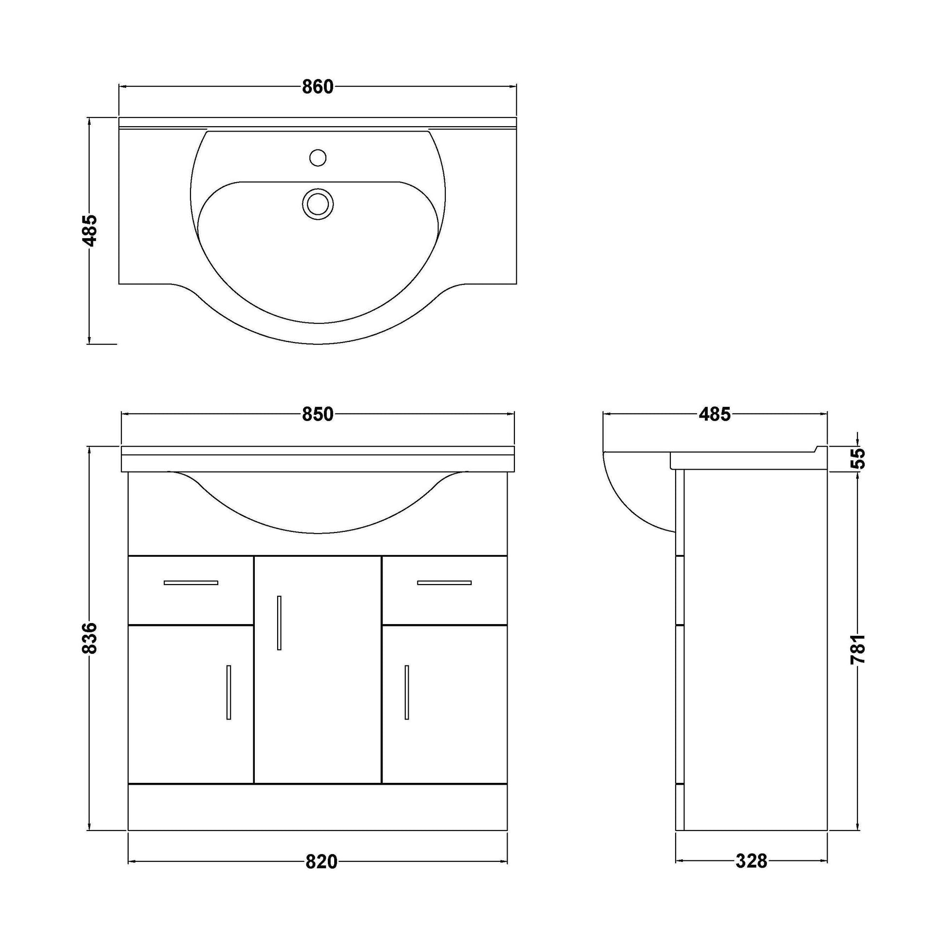 [BFORY850] Hamstall Contemporary Floor Standing Vanity Unit with Round Ceramic Basin – Gloss White, Choice of Doors, Drawers & Sizes - Technical Drawing