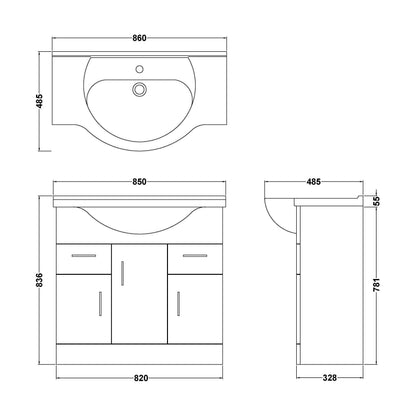 [BFORY850] Hamstall Contemporary Floor Standing Vanity Unit with Round Ceramic Basin – Gloss White, Choice of Doors, Drawers & Sizes - Technical Drawing