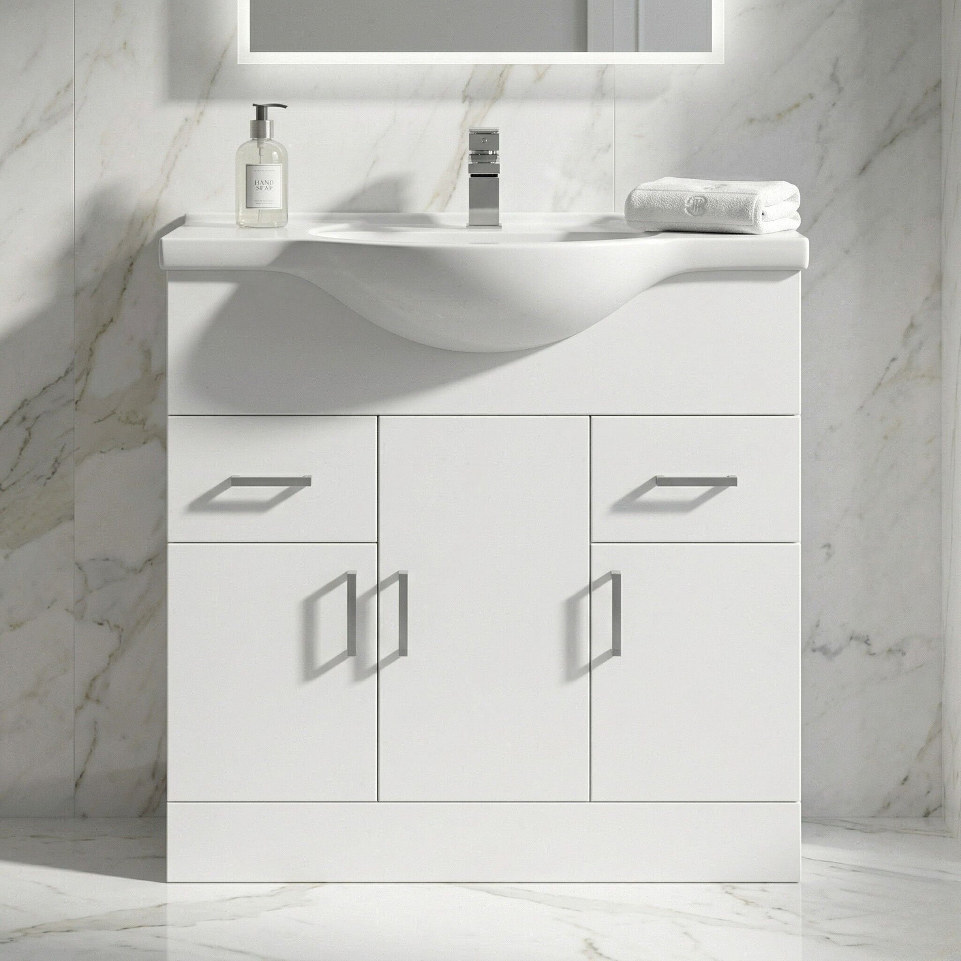 [BFORY850] Hamstall Contemporary Floor Standing Vanity Unit with Round Ceramic Basin – Gloss White, Choice of Doors, Drawers & Sizes - Silo