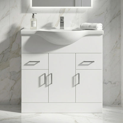 [BFORY850] Hamstall Contemporary Floor Standing Vanity Unit with Round Ceramic Basin – Gloss White, Choice of Doors, Drawers & Sizes - Silo