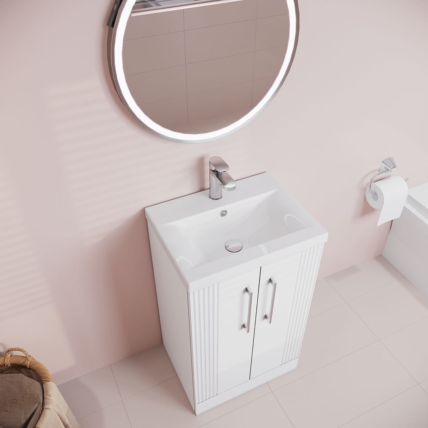 [BFPF123A] Belvide Partial Fluted 2 Door Floor Standing Vanity Unit with Mid-Edge 1 Tap Hole Ceramic Basin - Lifestyle 2