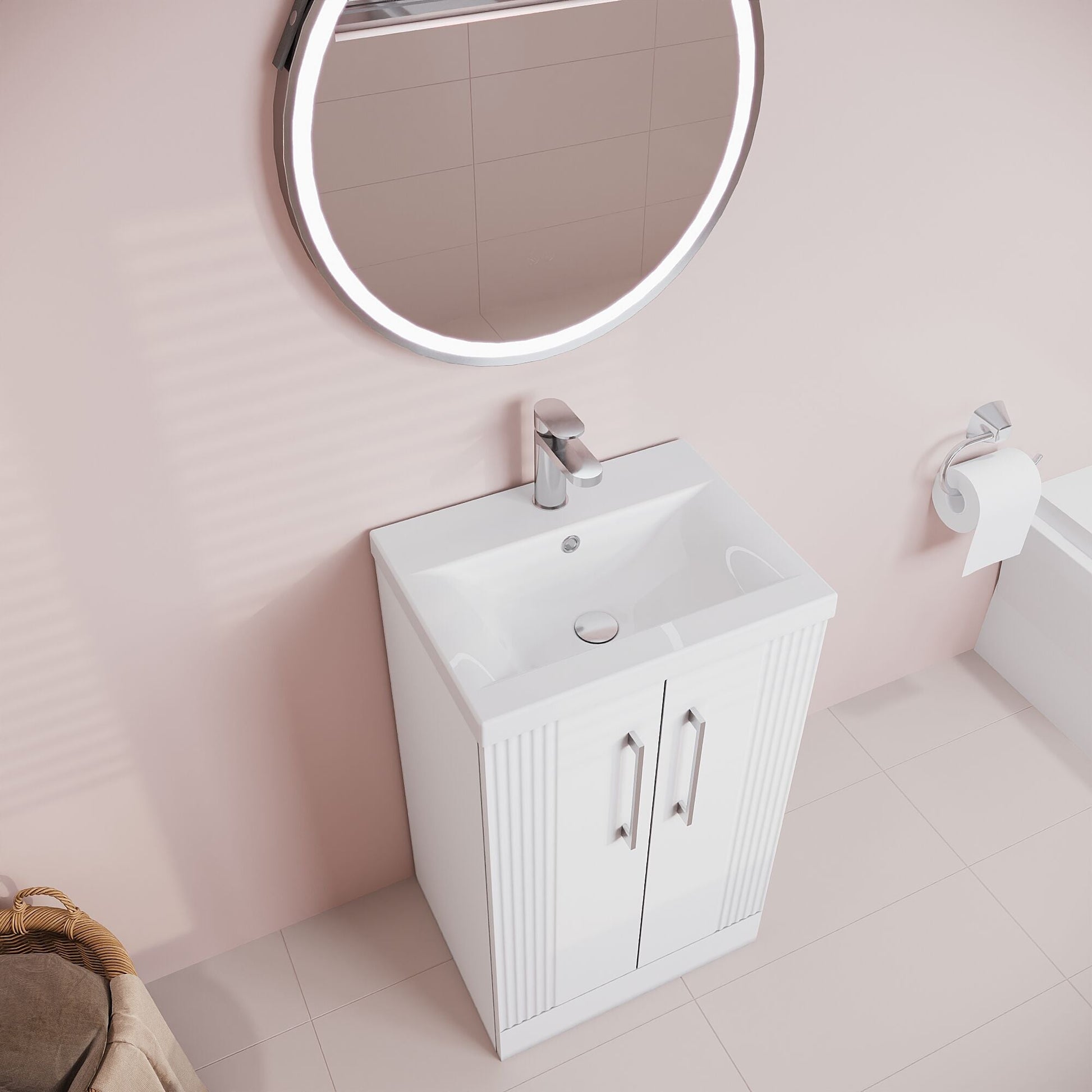 [BFPF123A] Belvide Partial Fluted 2 Door Floor Standing Vanity Unit with Mid-Edge 1 Tap Hole Ceramic Basin - Lifestyle 2