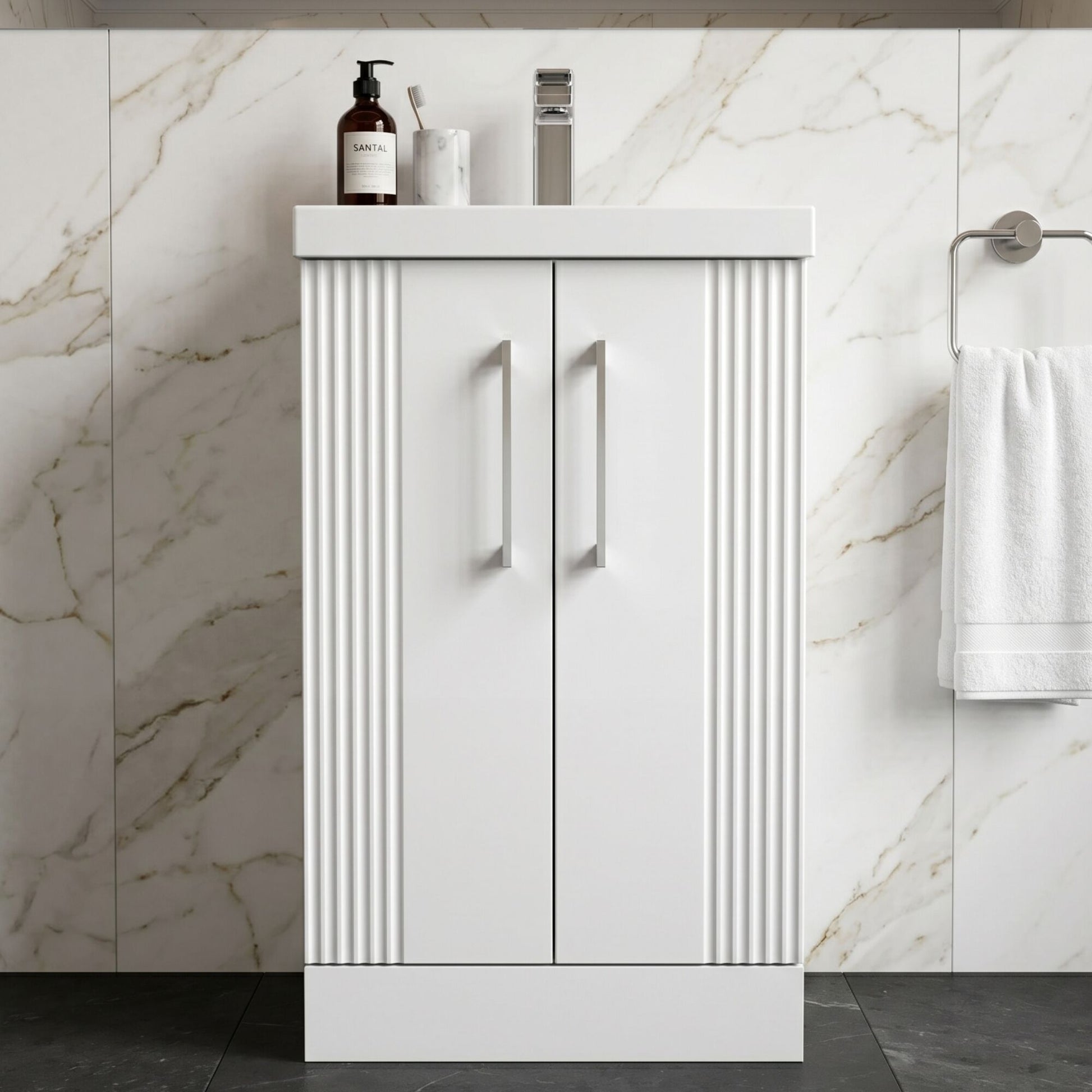 [BFPF123A] Belvide Partial Fluted 2 Door Floor Standing Vanity Unit with Mid-Edge 1 Tap Hole Ceramic Basin - Silo