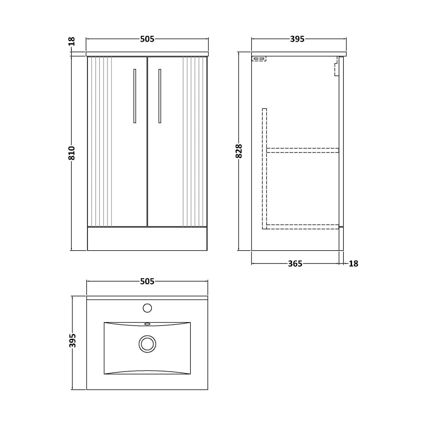 [BFPF123B] Partial Fluted 2 Door Floor Standing Vanity Unit with 1 Tap Hole Minimalist Basin - 500mm - Satin White - Technical Drawing