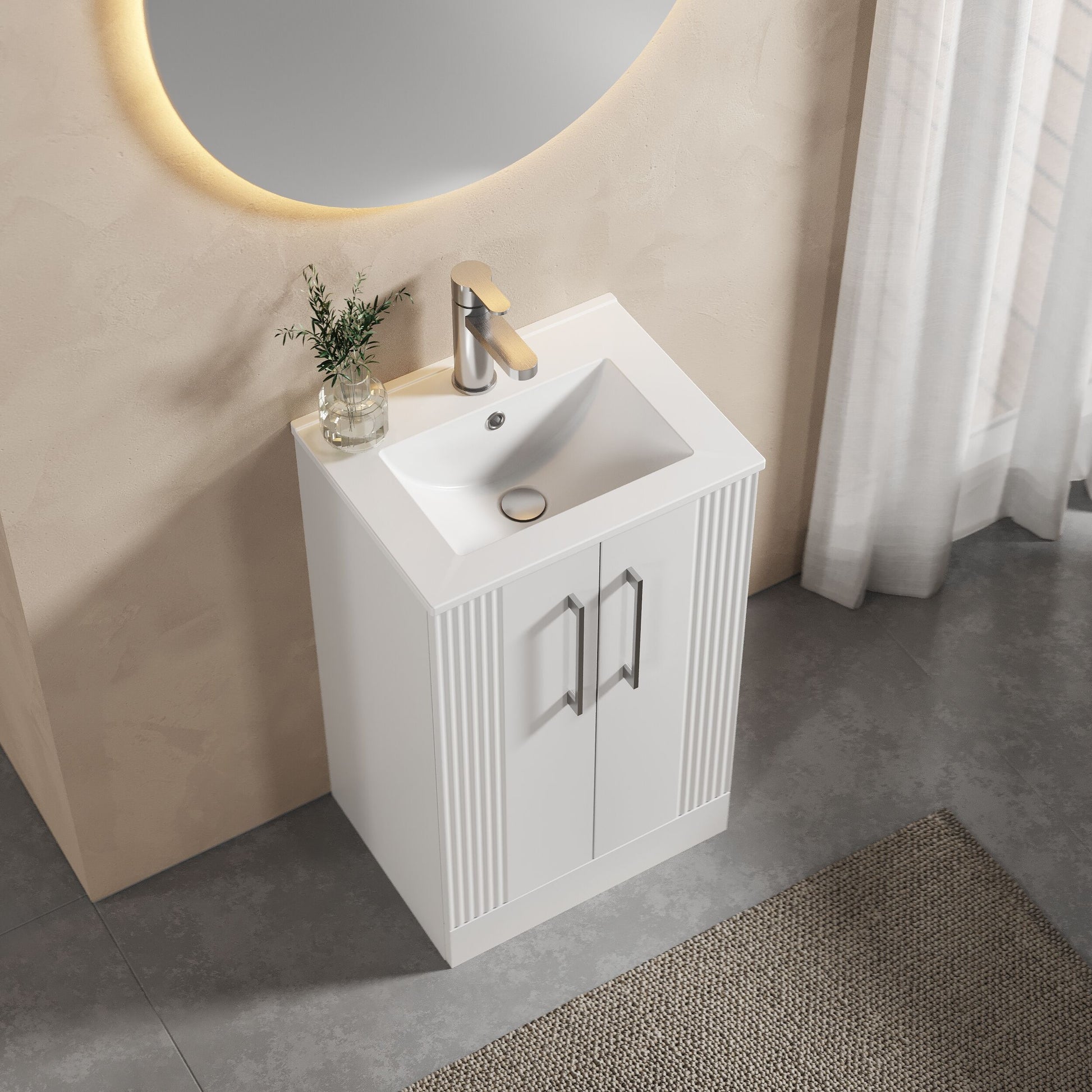 [BFPF123B] Partial Fluted 2 Door Floor Standing Vanity Unit with 1 Tap Hole Minimalist Basin - 500mm - Satin White - Lifestyle 2