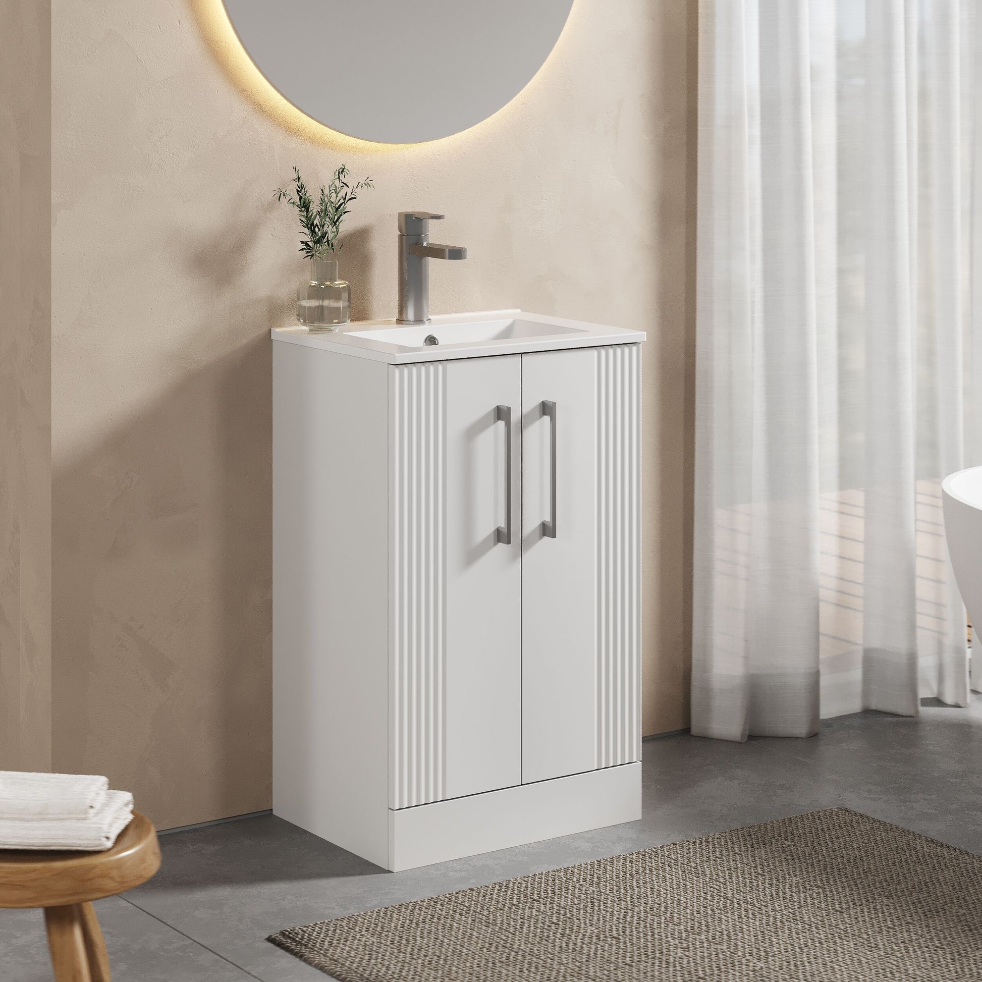 [BFPF123B] Partial Fluted 2 Door Floor Standing Vanity Unit with 1 Tap Hole Minimalist Basin - 500mm - Satin White - Lifestyle 3