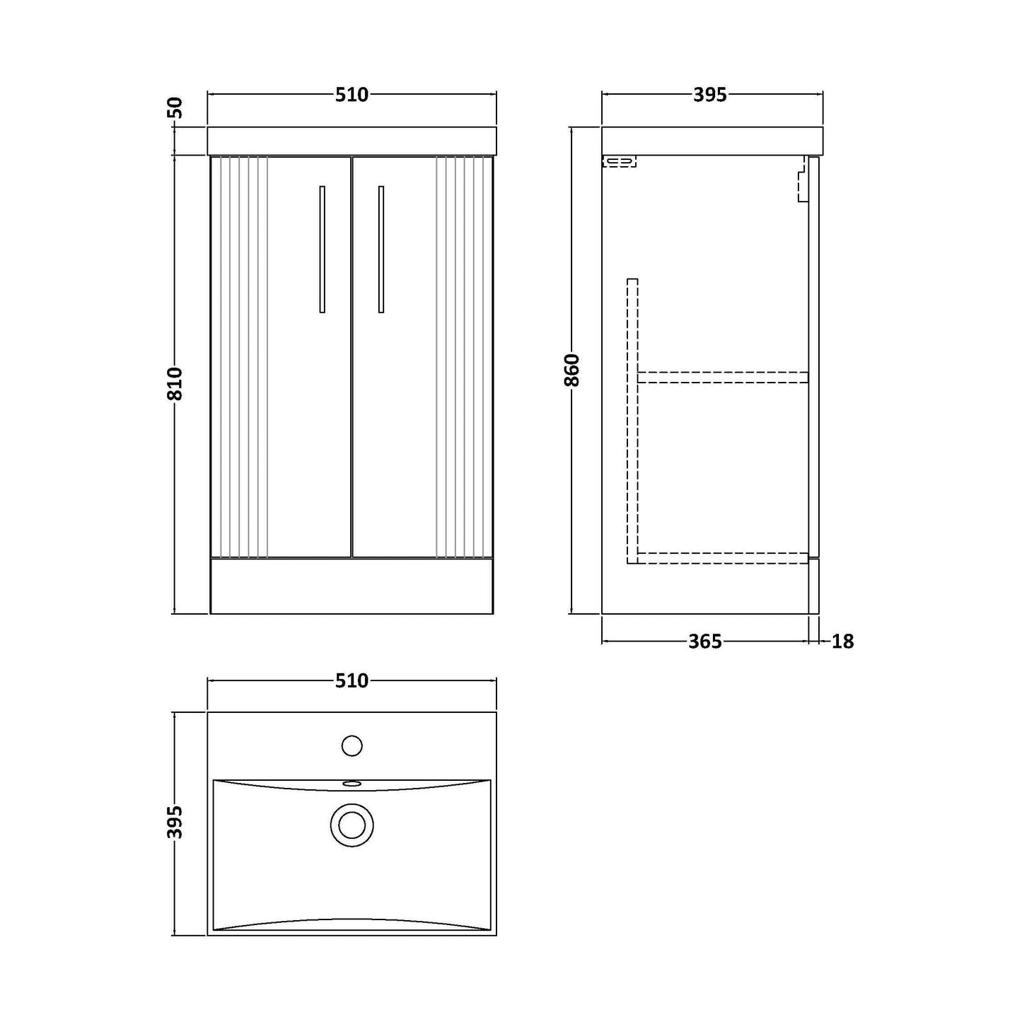 [BFPF123D] Partial Fluted 2 Door Floor Standing Vanity Unit with 1 Tap Hole Thin-Edge Basin- 500mm - Satin White - Technical Drawing