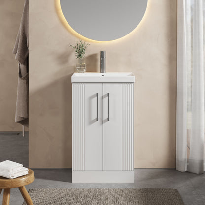 [BFPF123D] Partial Fluted 2 Door Floor Standing Vanity Unit with 1 Tap Hole Thin-Edge Basin- 500mm - Satin White - Lifestyle 1