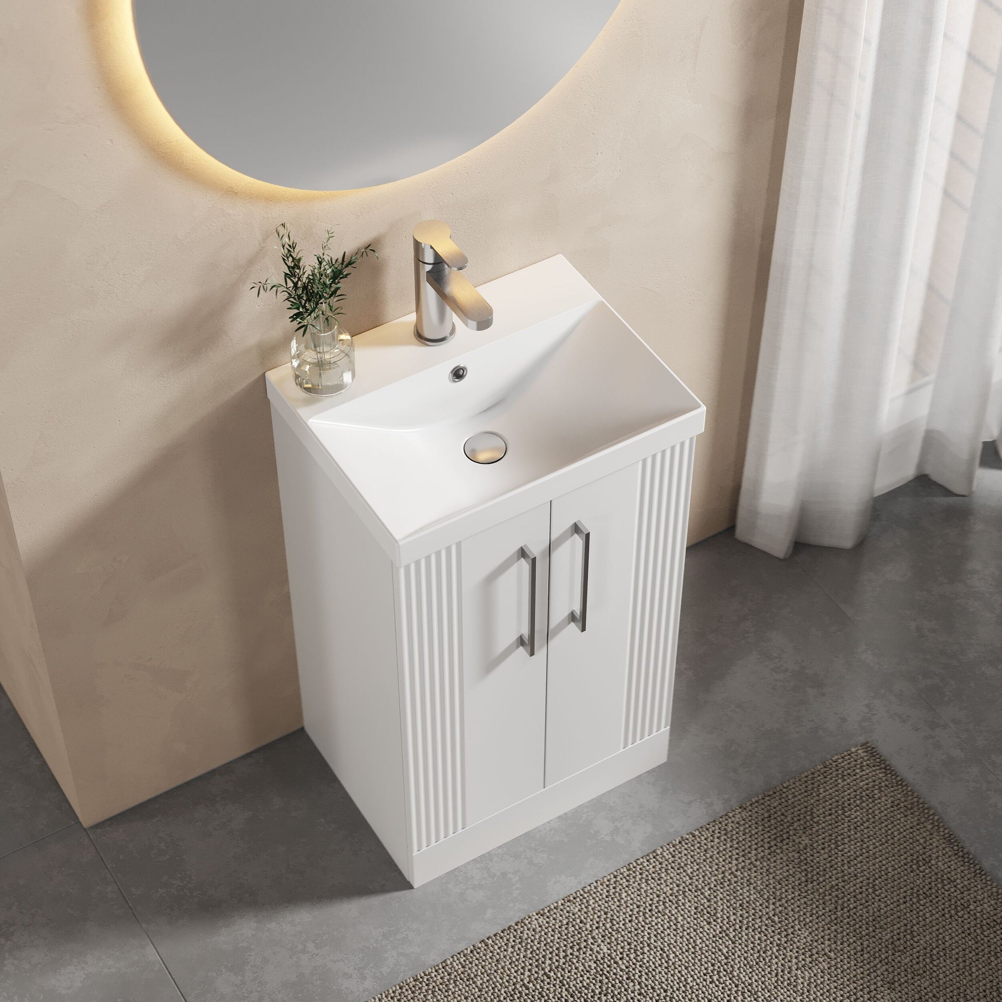 [BFPF123D] Partial Fluted 2 Door Floor Standing Vanity Unit with 1 Tap Hole Thin-Edge Basin- 500mm - Satin White - Lifestyle 2