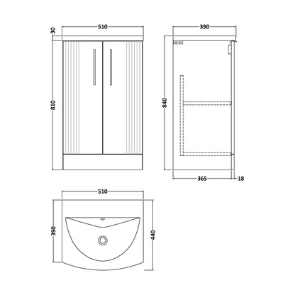 [BFPF123G] Partial Fluted 2 Door Floor Standing Vanity Unit with 1 Tap Hole Curved Basin- 500mm - Satin White - Technical Drawing