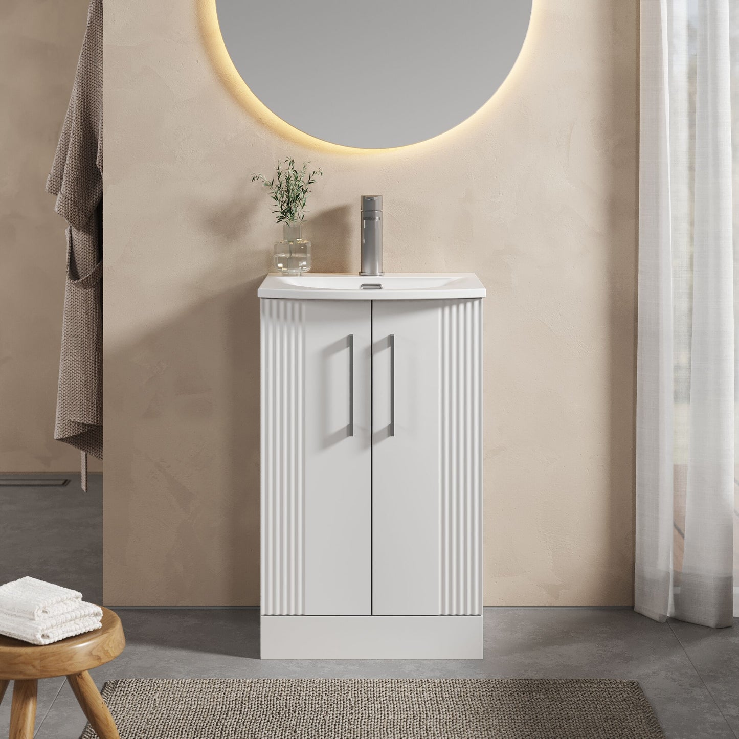 [BFPF123G] Partial Fluted 2 Door Floor Standing Vanity Unit with 1 Tap Hole Curved Basin- 500mm - Satin White - Lifestyle 1