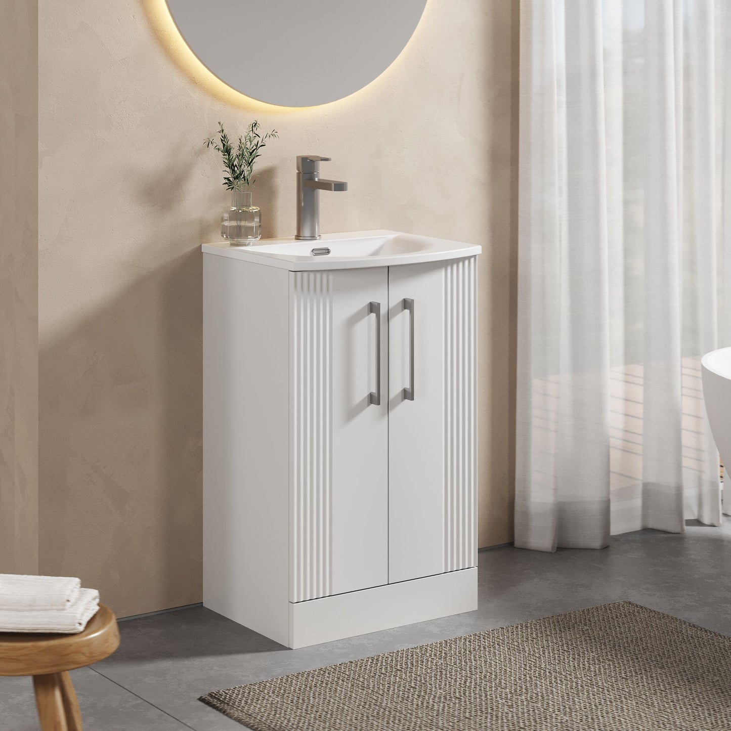 [BFPF123G] Partial Fluted 2 Door Floor Standing Vanity Unit with 1 Tap Hole Curved Basin- 500mm - Satin White - Lifestyle 3