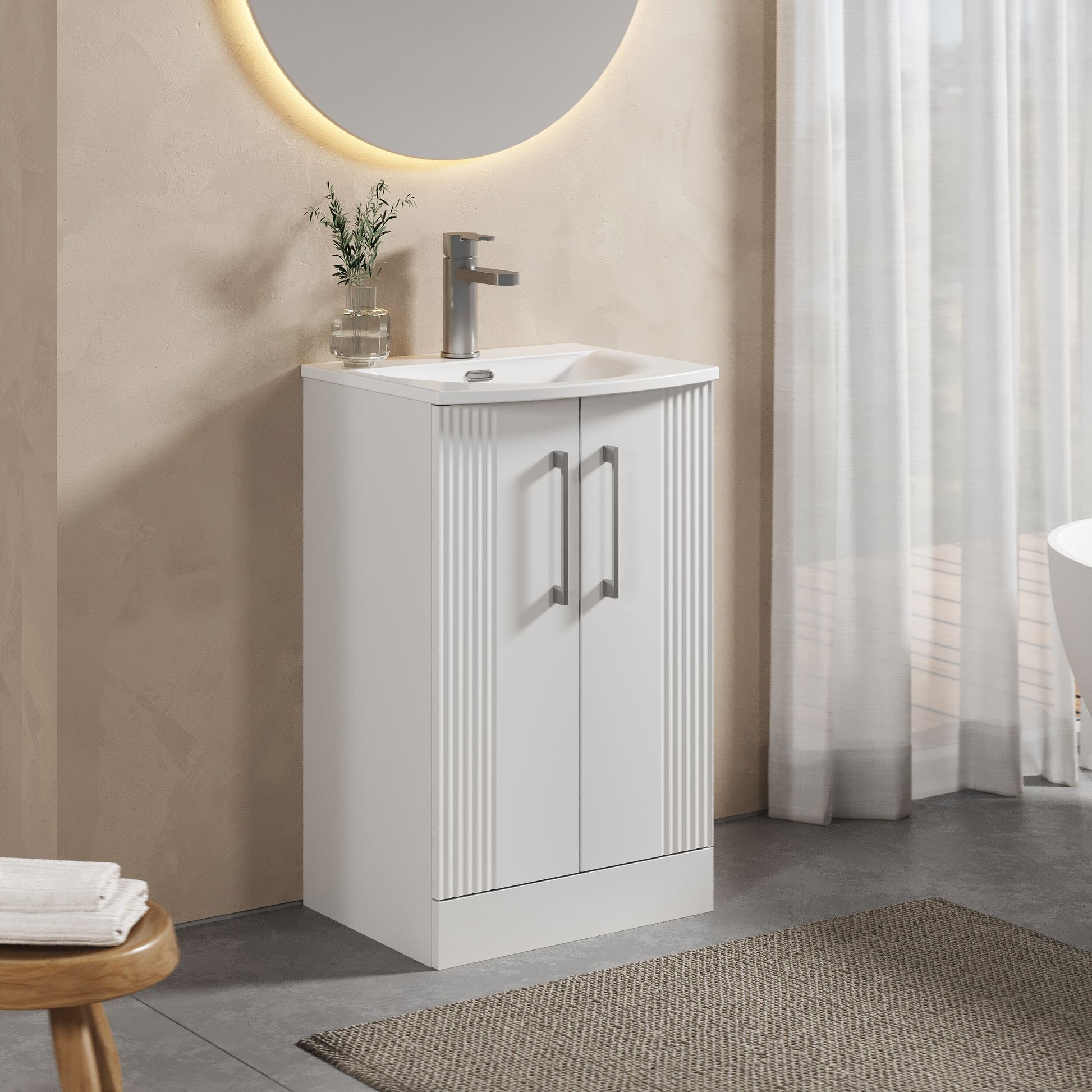 [BFPF123G] Partial Fluted 2 Door Floor Standing Vanity Unit with 1 Tap Hole Curved Basin- 500mm - Satin White - Lifestyle 3
