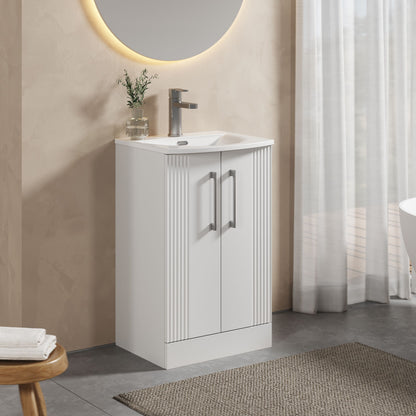 [BFPF123G] Partial Fluted 2 Door Floor Standing Vanity Unit with 1 Tap Hole Curved Basin- 500mm - Satin White - Lifestyle 3