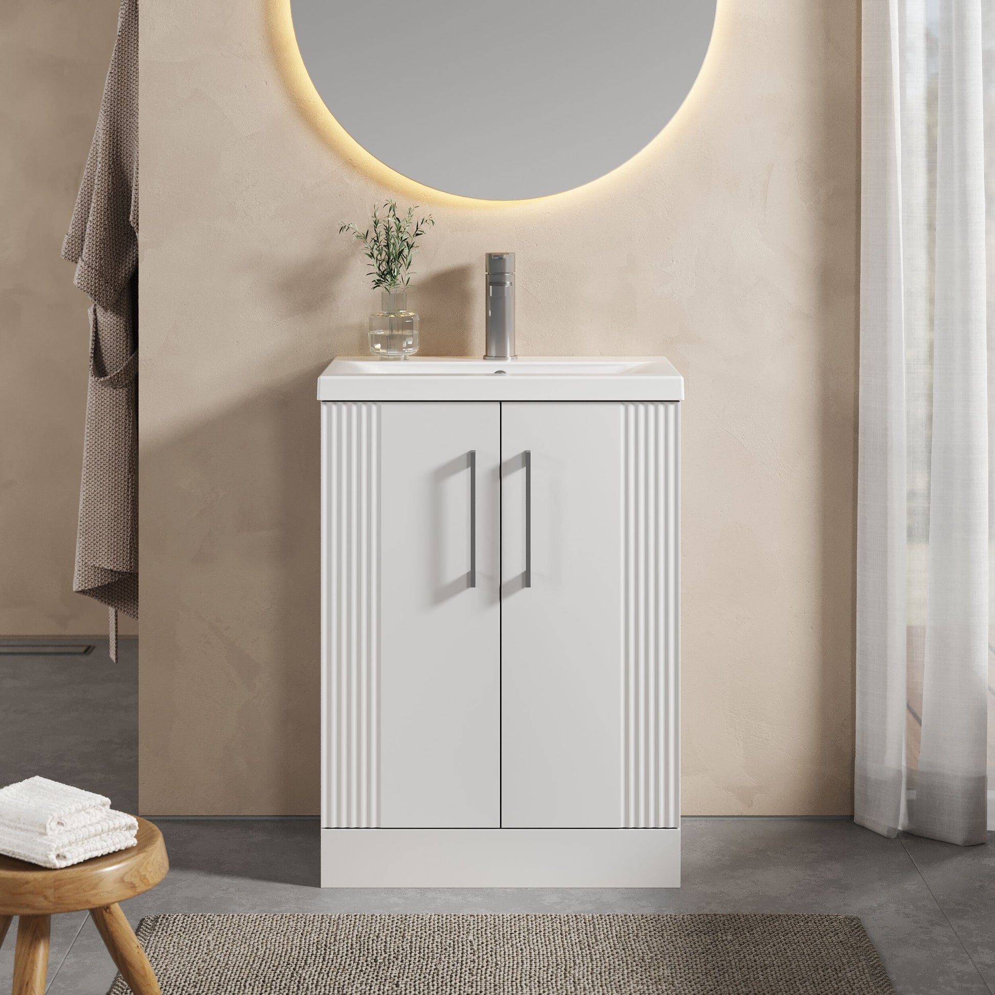 [BFPF125A] Belvide Partial Fluted 2 Door Floor Standing Vanity Unit with Mid-Edge 1 Tap Hole Ceramic Basin - Lifestyle 1