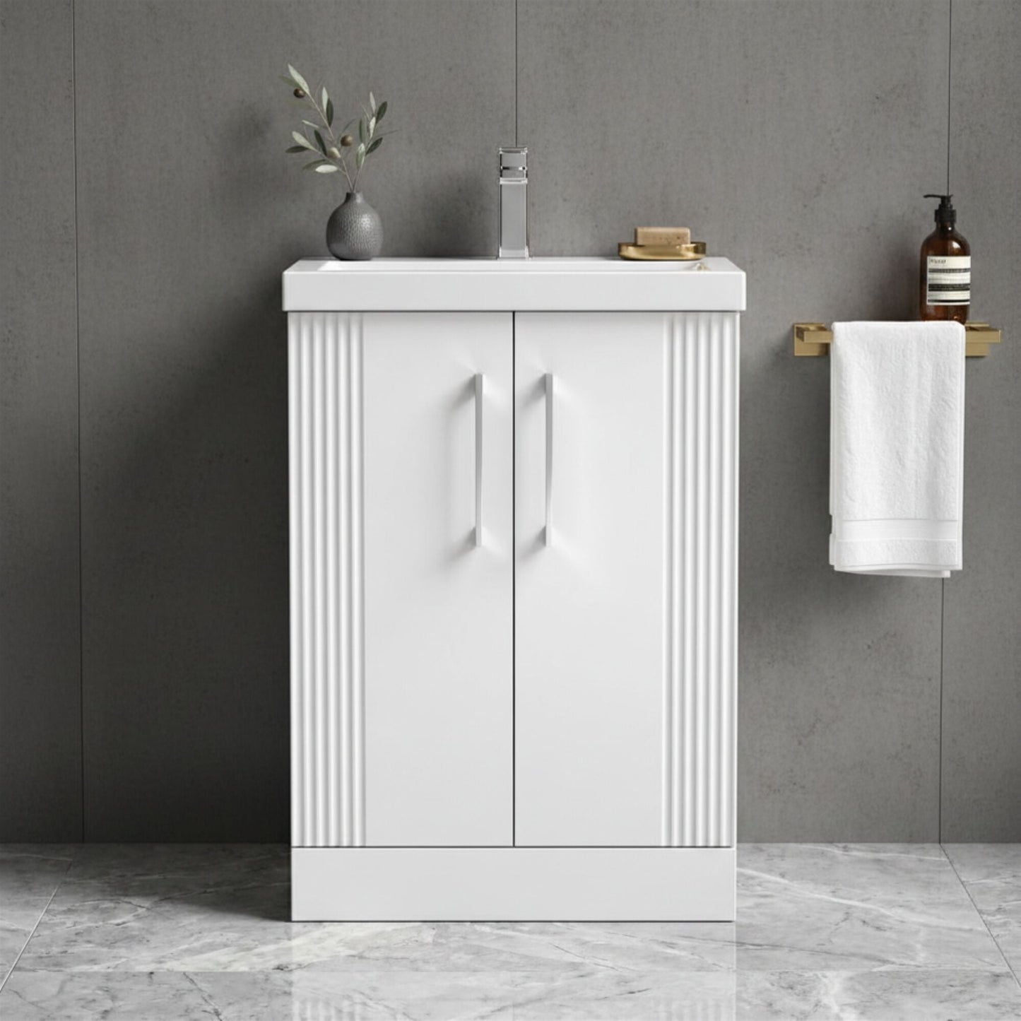 [BFPF125A] Belvide Partial Fluted 2 Door Floor Standing Vanity Unit with Mid-Edge 1 Tap Hole Ceramic Basin - Silo
