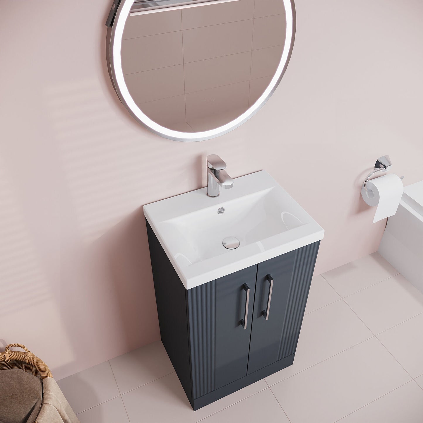 [BFPF1423A] Belvide Partial Fluted 2 Door Floor Standing Vanity Unit with Mid-Edge 1 Tap Hole Ceramic Basin - Lifestyle 2