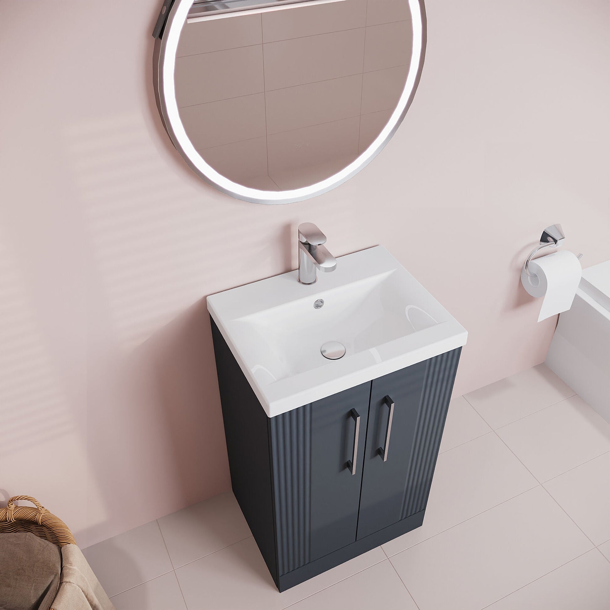 [BFPF1423A] Belvide Partial Fluted 2 Door Floor Standing Vanity Unit with Mid-Edge 1 Tap Hole Ceramic Basin - Lifestyle 2