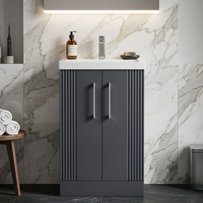 [BFPF1423A] Belvide Partial Fluted 2 Door Floor Standing Vanity Unit with Mid-Edge 1 Tap Hole Ceramic Basin - Silo