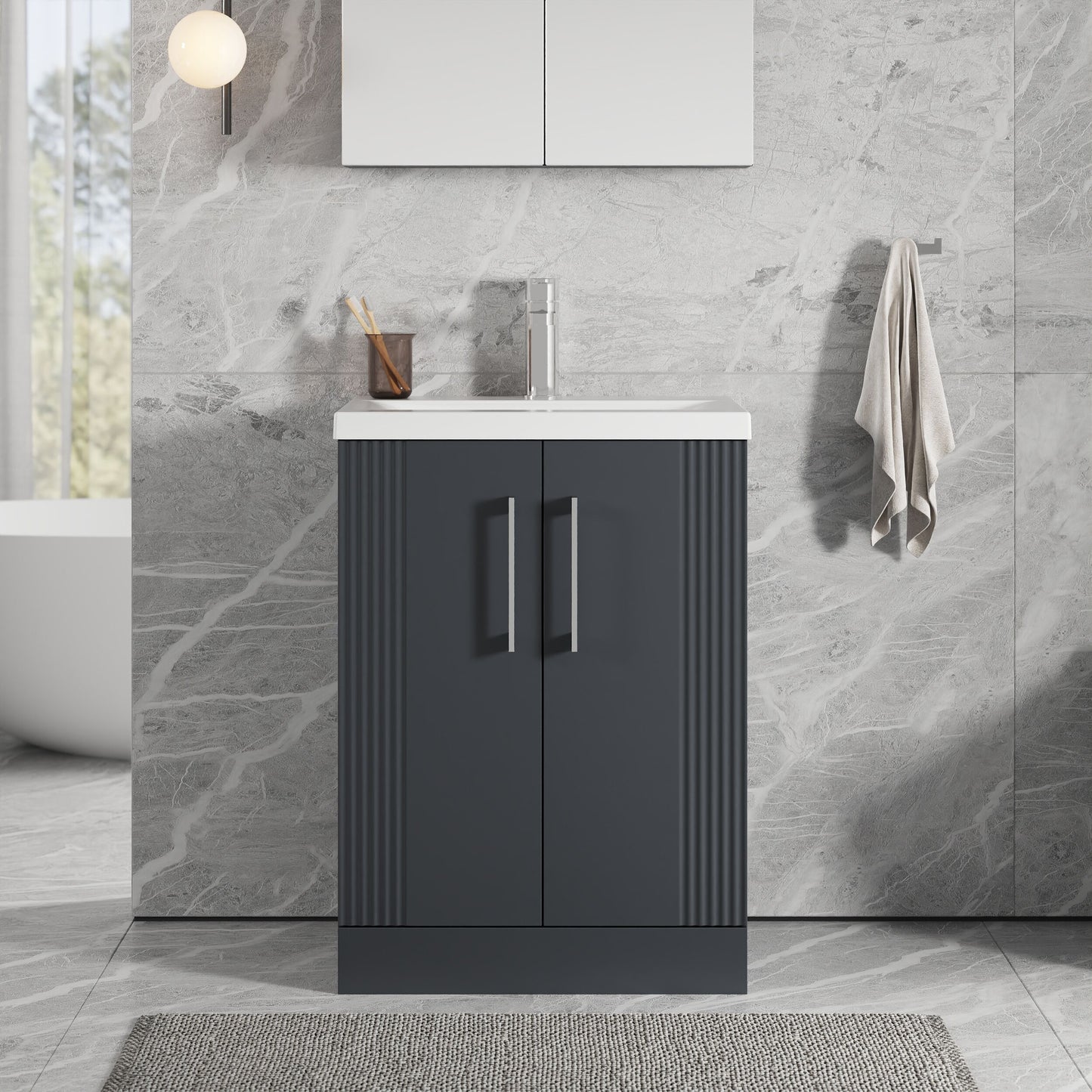 [BFPF1425A] Belvide Partial Fluted 2 Door Floor Standing Vanity Unit with Mid-Edge 1 Tap Hole Ceramic Basin - Lifestyle 1