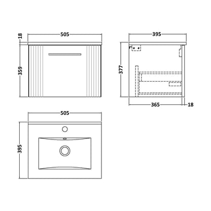 [BFPF1491B] Partial Fluted 1 Drawer Wall Hung Vanity Unit with 1 Tap Hole Minimalist Basin - 500mm - Satin Dark Grey - Technical Drawing