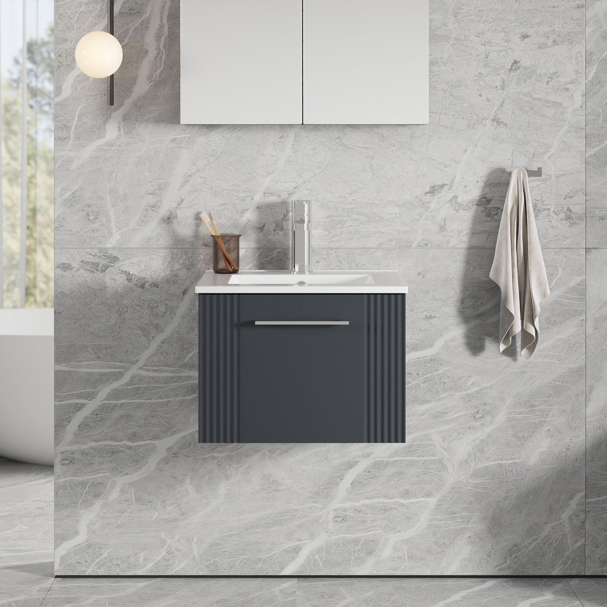 [BFPF1491B] Partial Fluted 1 Drawer Wall Hung Vanity Unit with 1 Tap Hole Minimalist Basin - 500mm - Satin Dark Grey - Lifestyle 1