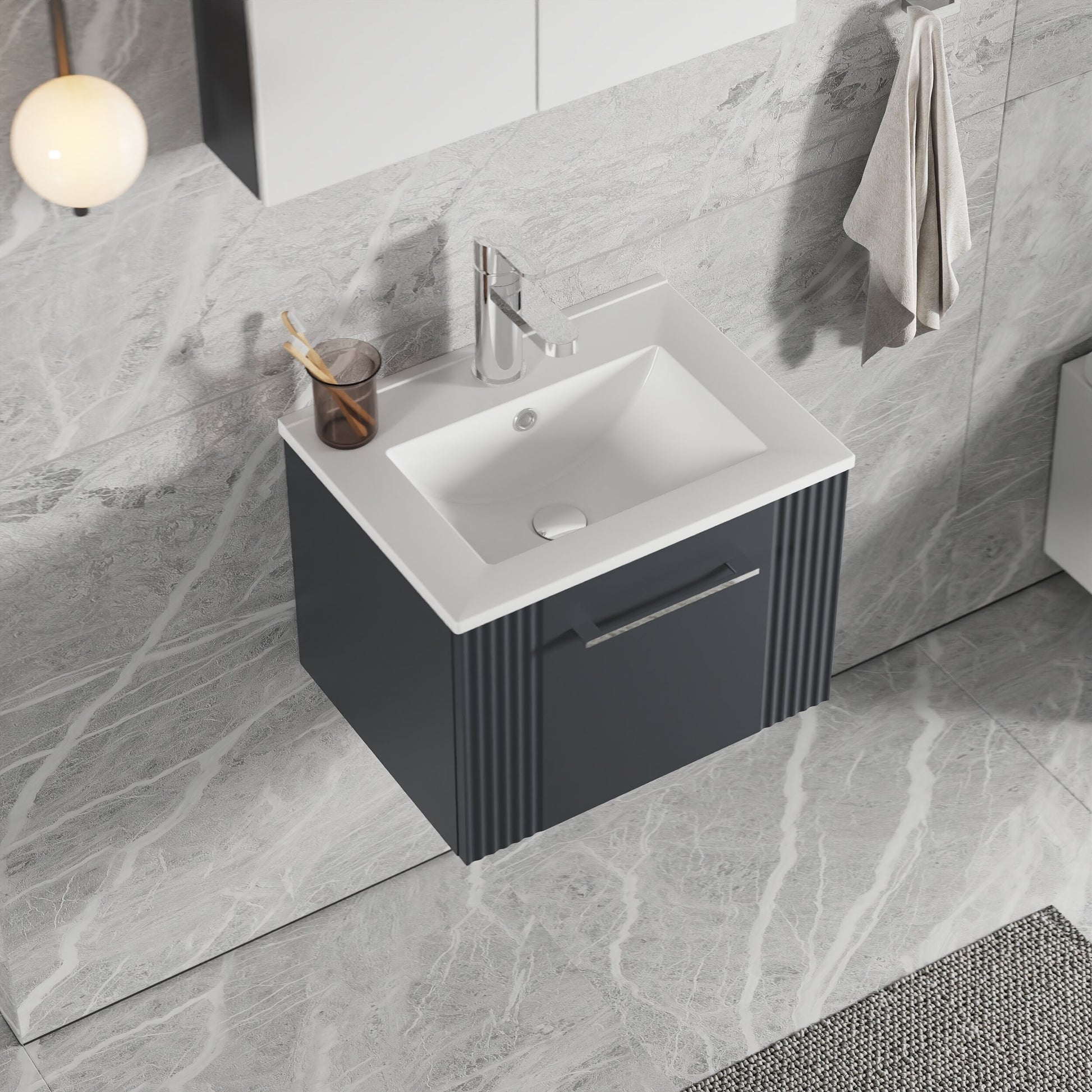 [BFPF1491B] Partial Fluted 1 Drawer Wall Hung Vanity Unit with 1 Tap Hole Minimalist Basin - 500mm - Satin Dark Grey - Lifestyle 2