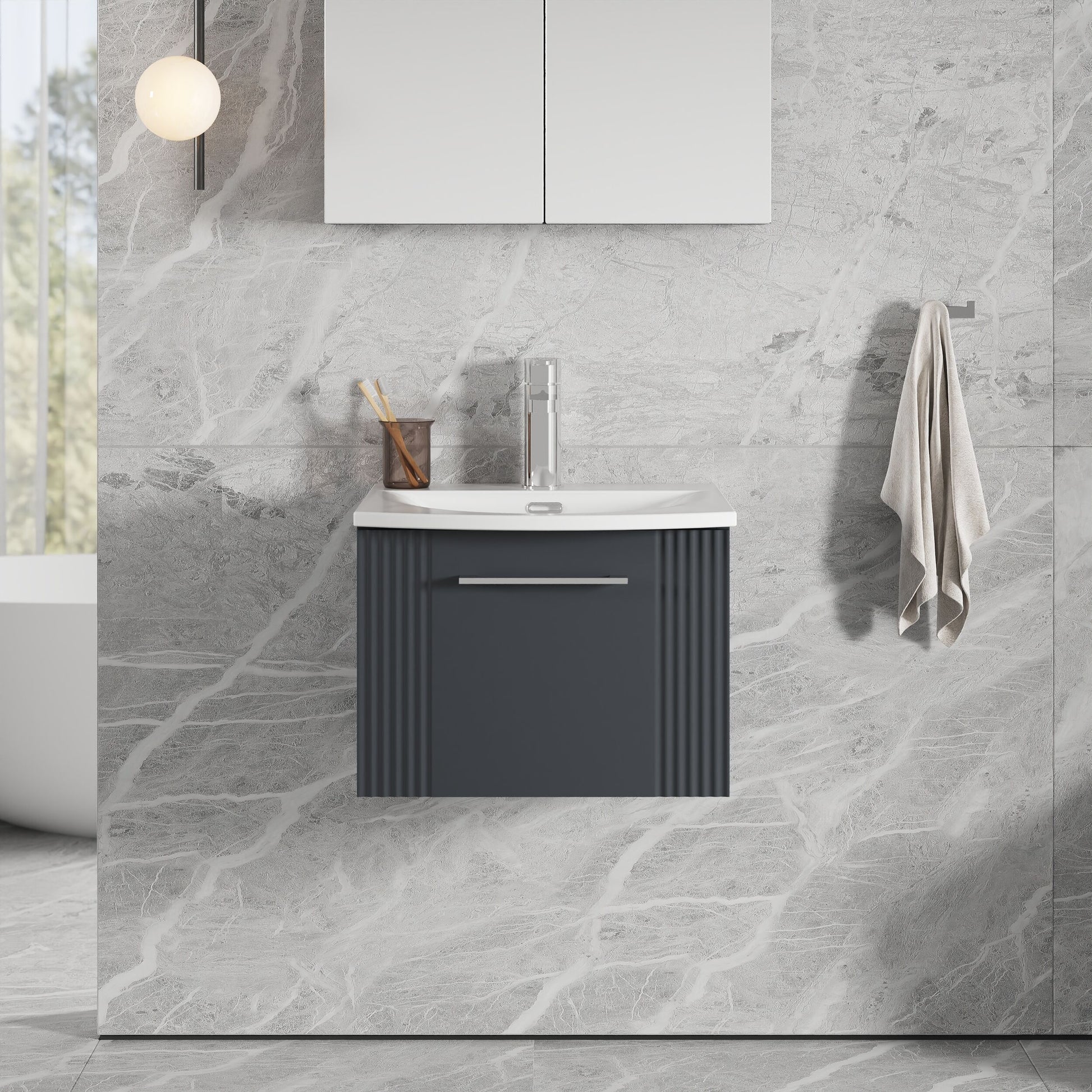 [BFPF1491G] Partial Fluted 1 Drawer Wall Hung Vanity Unit with 1 Tap Hole Curved Basin- 500mm - Satin Dark Grey - Lifestyle 1