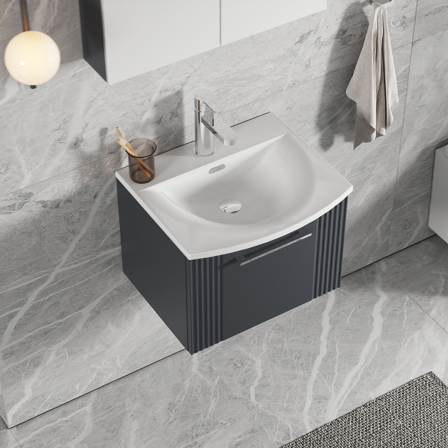 [BFPF1491G] Partial Fluted 1 Drawer Wall Hung Vanity Unit with 1 Tap Hole Curved Basin- 500mm - Satin Dark Grey - Lifestyle 2