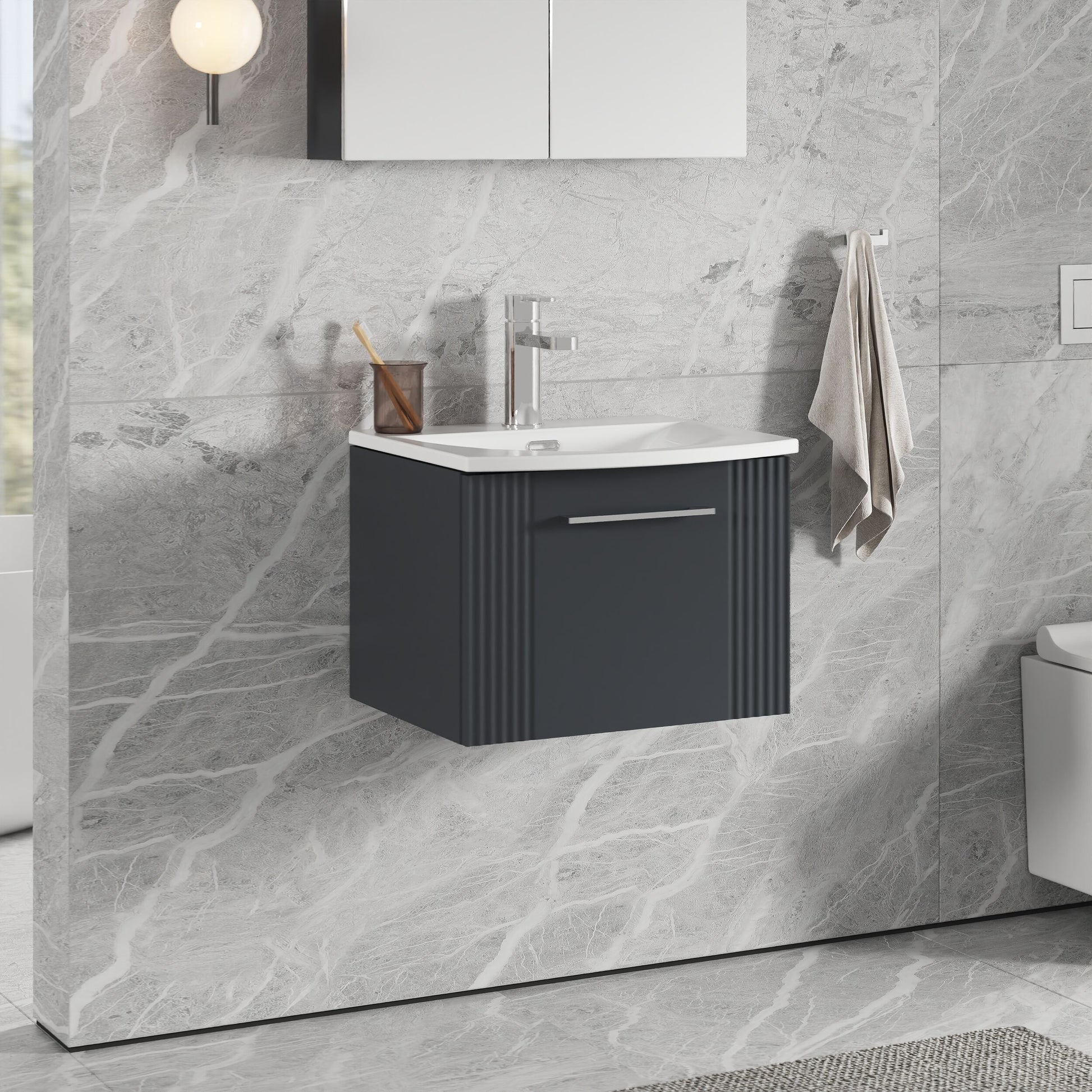 [BFPF1491G] Partial Fluted 1 Drawer Wall Hung Vanity Unit with 1 Tap Hole Curved Basin- 500mm - Satin Dark Grey - Lifestyle 3