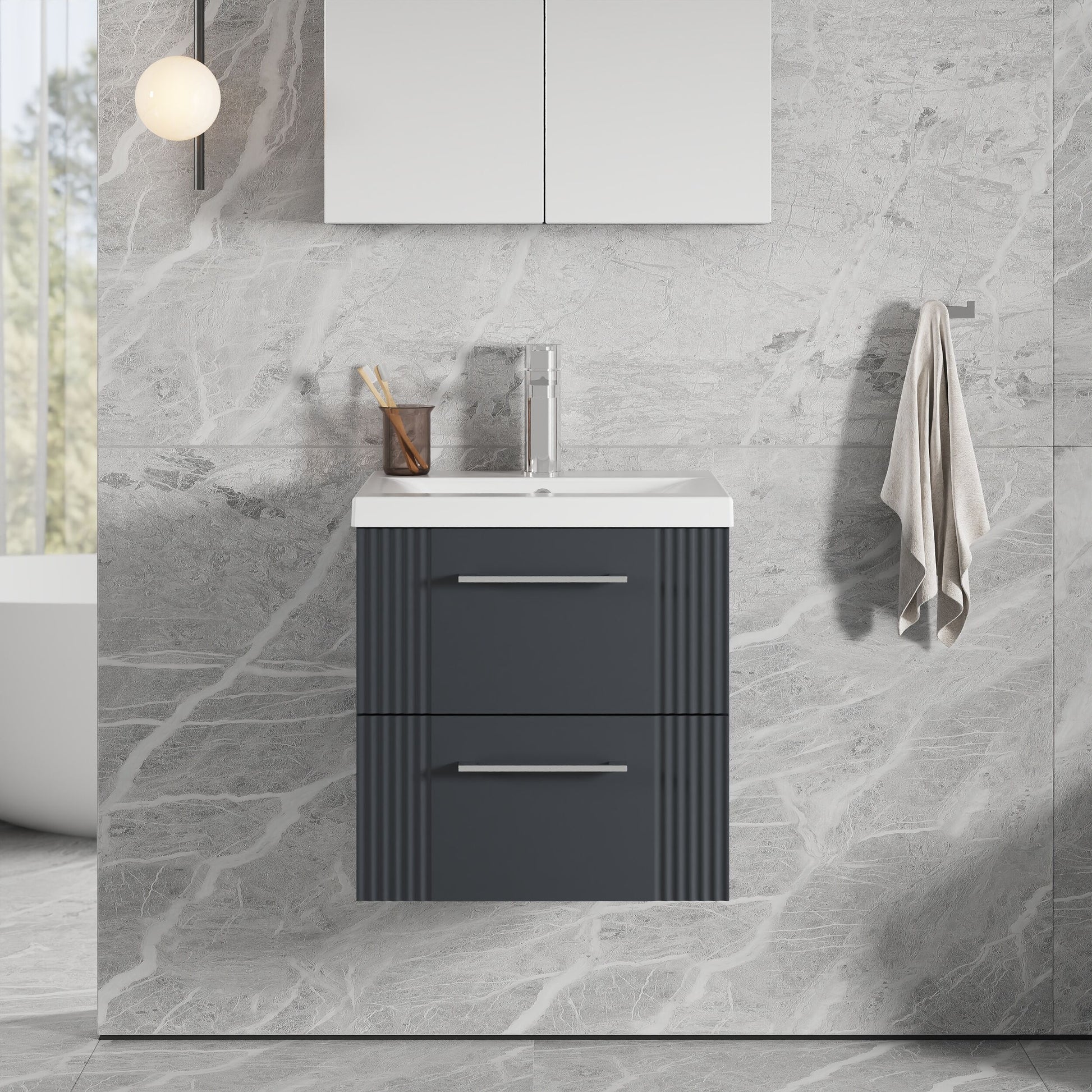 [BFPF1492A] Belvide Partial Fluted 2 Drawer Wall Hung Vanity Unit with Mid-Edge 1 Tap Hole Ceramic Basin - Lifestyle 1