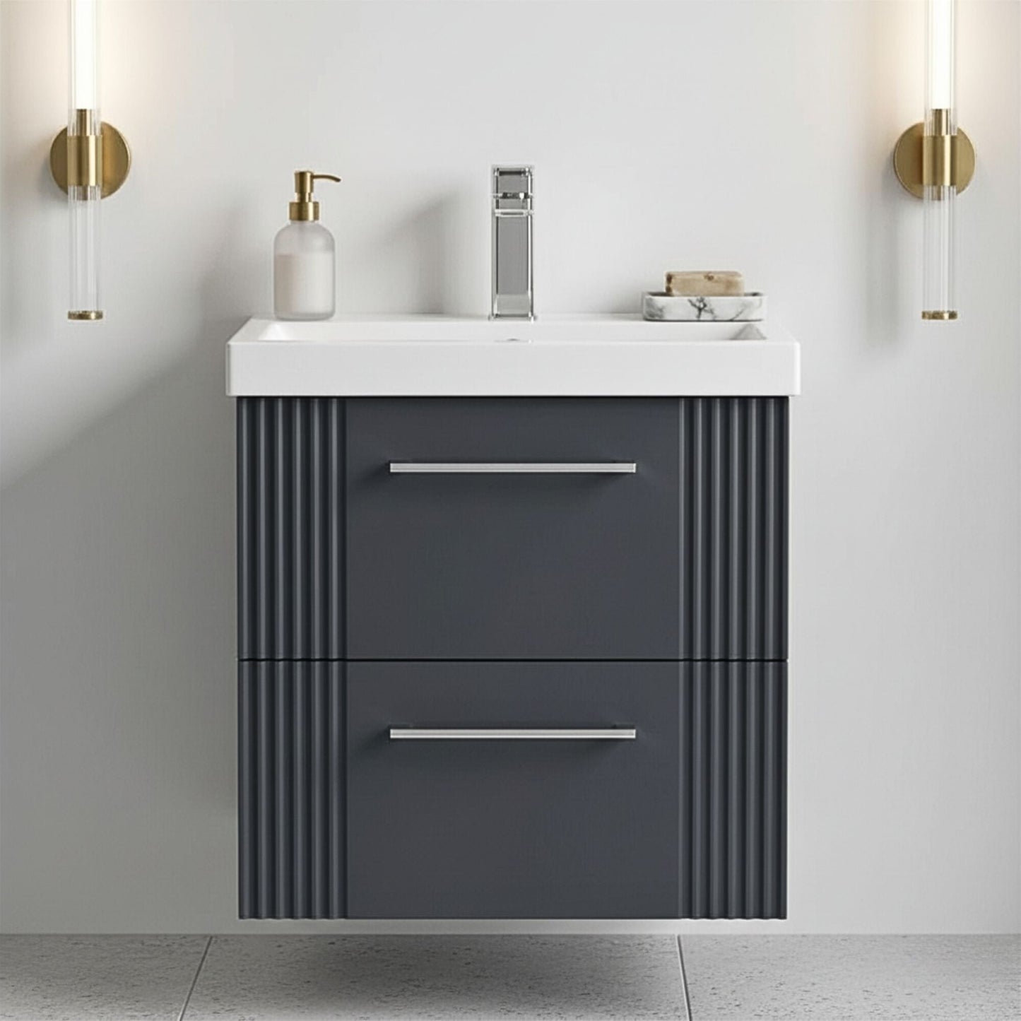 [BFPF1492A] Belvide Partial Fluted 2 Drawer Wall Hung Vanity Unit with Mid-Edge 1 Tap Hole Ceramic Basin - Silo