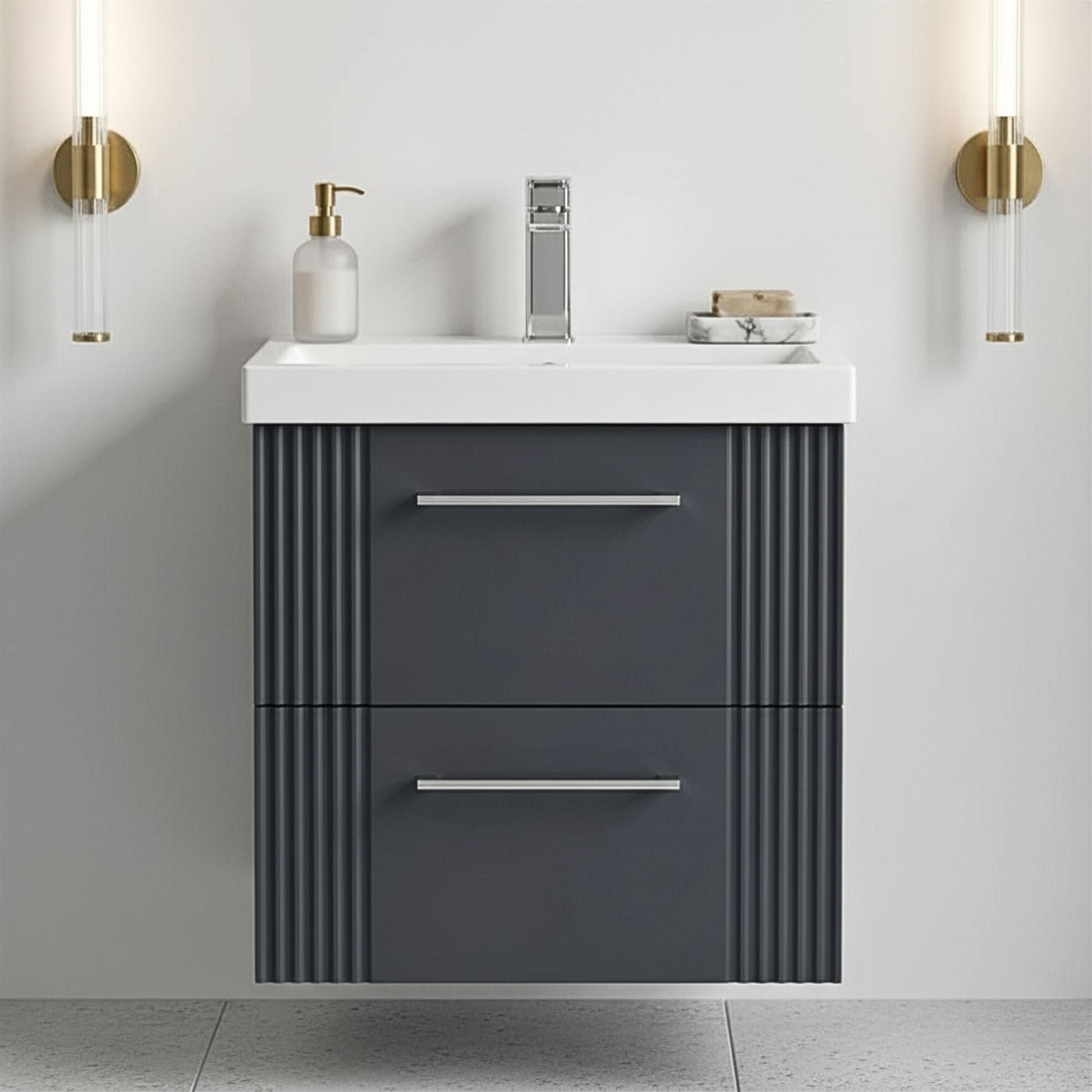 [BFPF1492A] Belvide Partial Fluted 2 Drawer Wall Hung Vanity Unit with Mid-Edge 1 Tap Hole Ceramic Basin - Silo