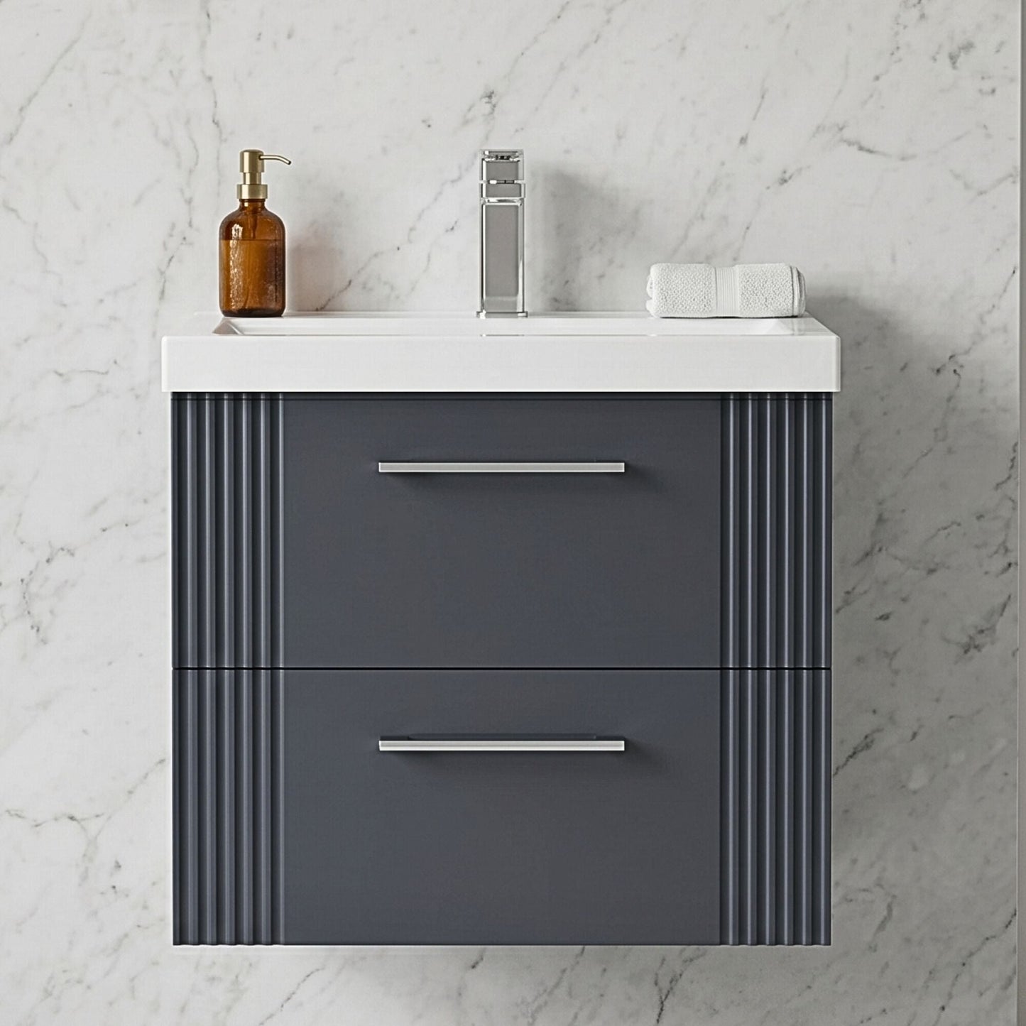 [BFPF1493A] Belvide Partial Fluted 2 Drawer Wall Hung Vanity Unit with Mid-Edge 1 Tap Hole Ceramic Basin - Silo