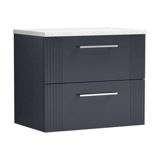 [BFPF1493LSW] Partial Fluted 2 Drawer Wall Hung Vanity Unit with Sparkling White Laminate Worktop - 600mm - Satin Dark Grey - Cutout
